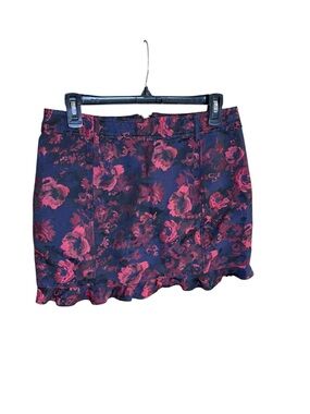 Express Black & Red Floral Jacquard Ruffle Hem Whimsigoth Mini Skirt Size 8